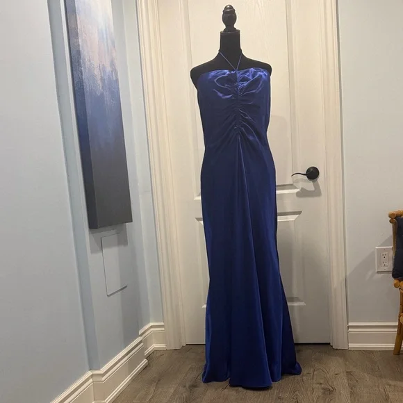 Y2K Wendye Chaitin Royal Blue  Satin Halter Dress - Picture 2 of 7